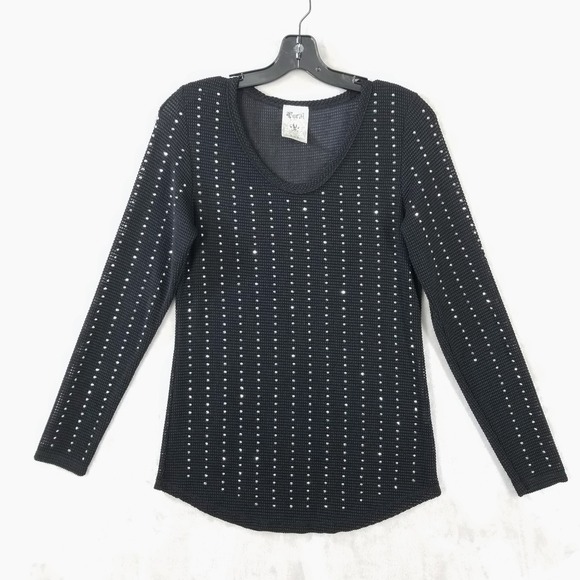 Vocal Tops - Vocal Studded Top Women S Black Long Sleeve Metal Stretch Goth Punk Edgy T-Shirt